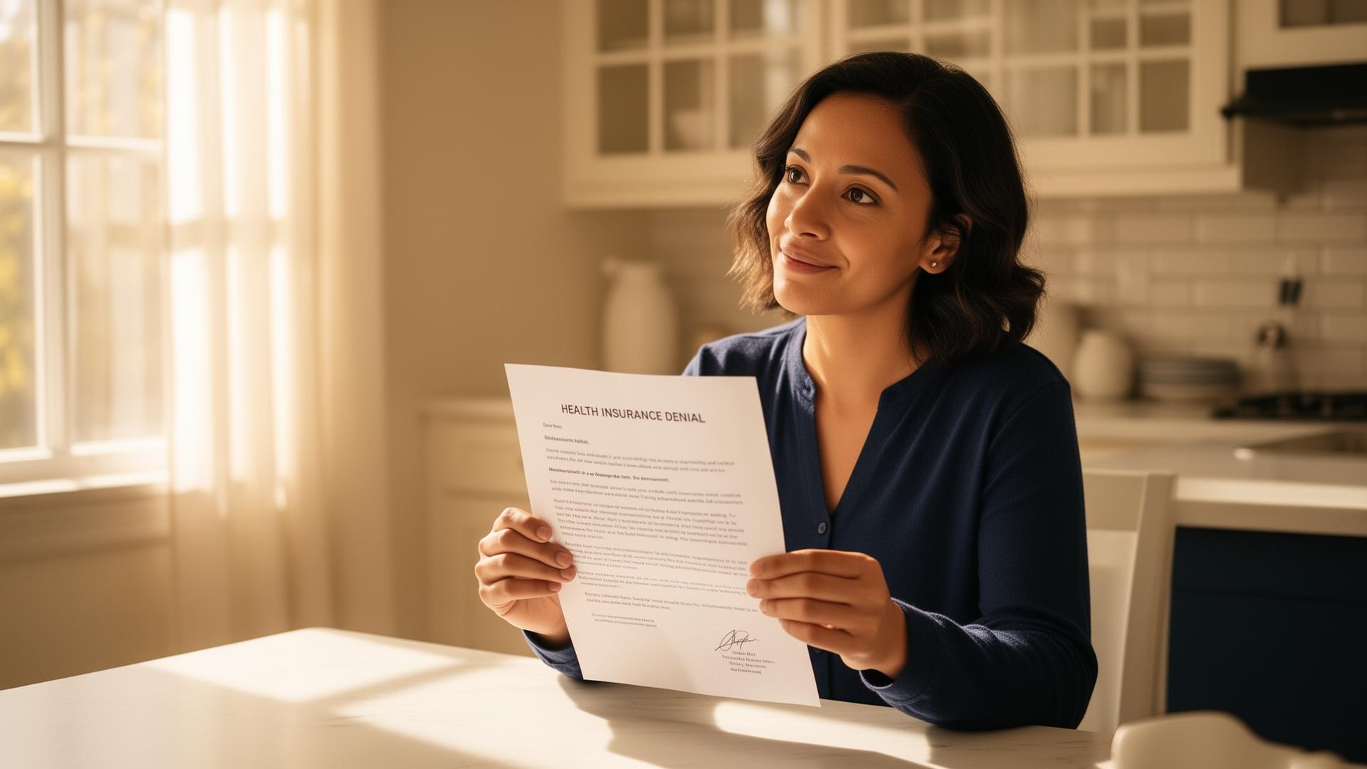 Person at a kitchen table reviewing a health insurance denial letter in warm window light